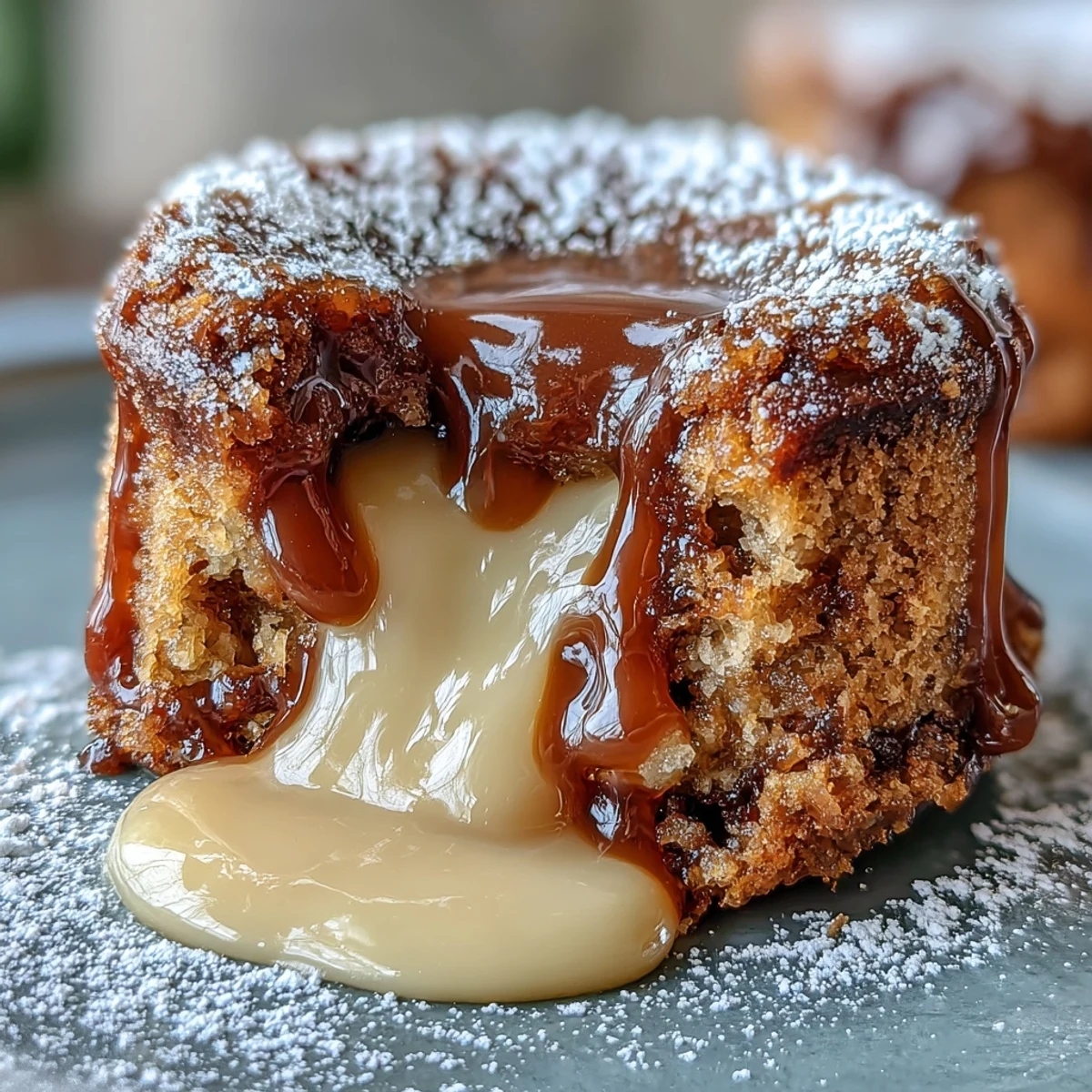 Close-up of a Hojicha Lava Cake on a plate, showing a rich molten roasted green tea ganache flowing from the sliced center onto a dusted surface.