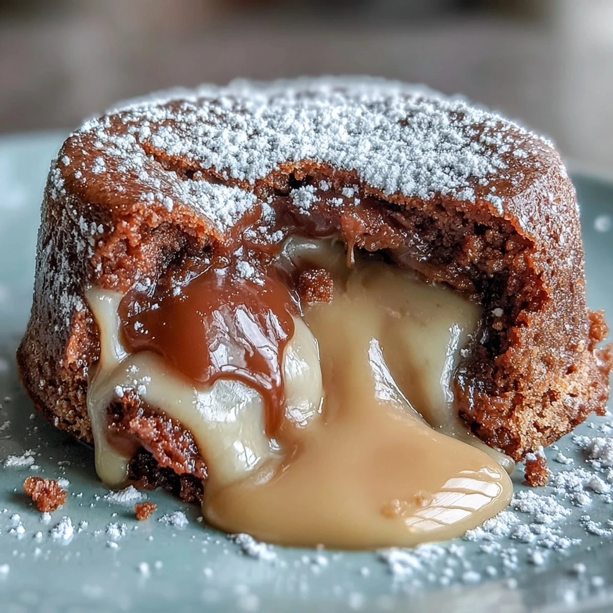 A freshly baked Hojicha Lava Cake with a dark, earthy crumb, ready to be paired with a dollop of vanilla ice cream for a sweet dessert.