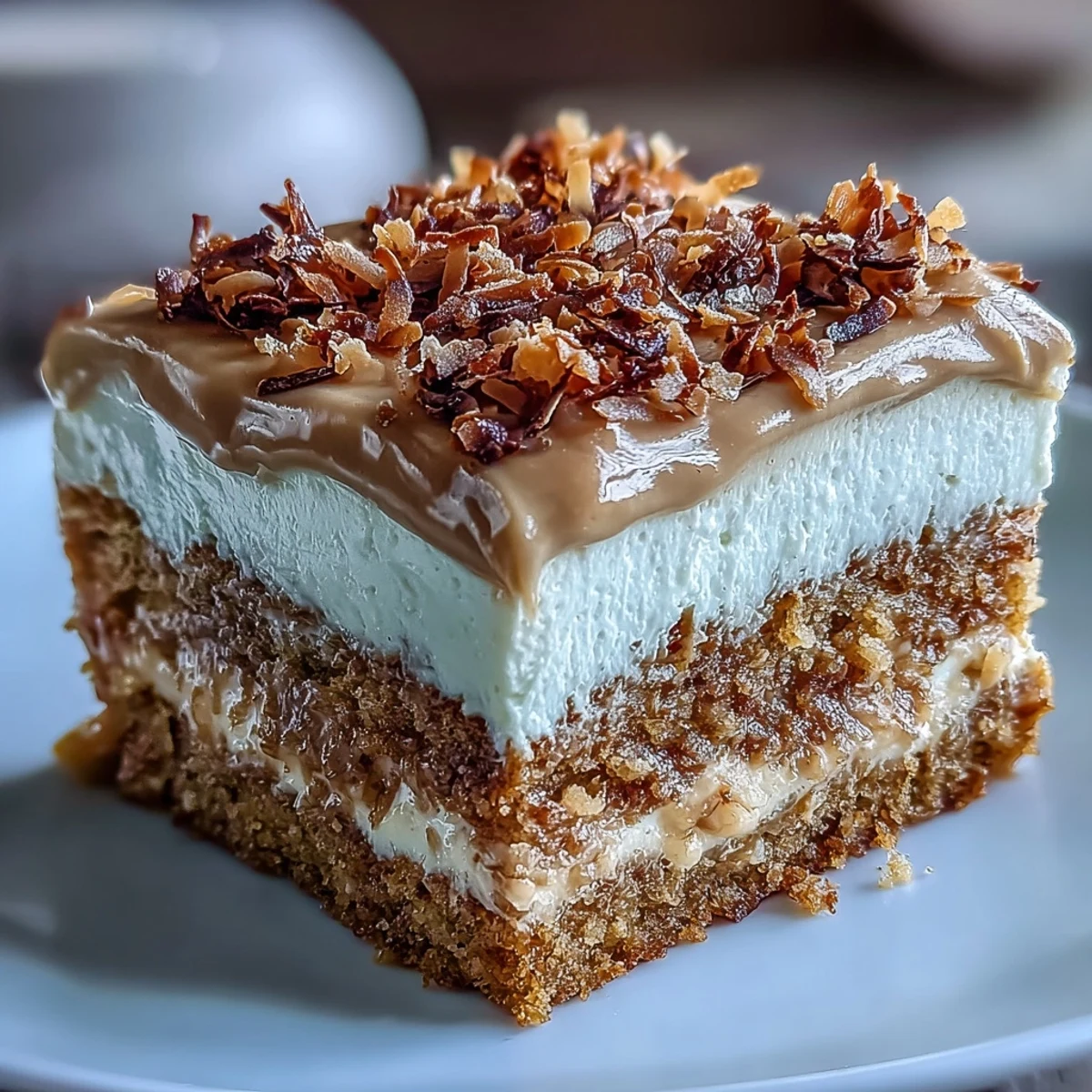 Freshly baked Vegan Hojicha Latte Cake with a toasted coconut flake topping and creamy frosting. 