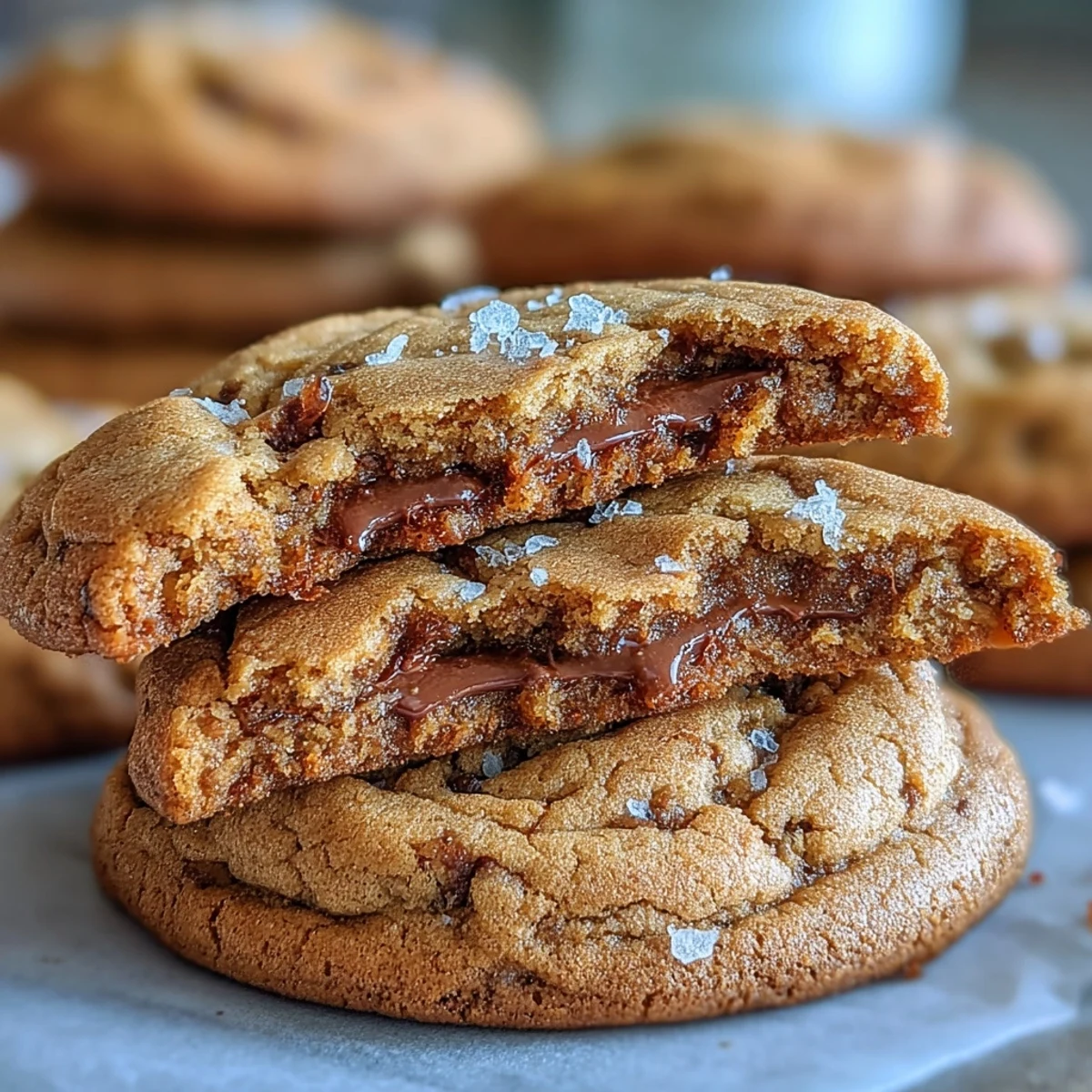 Hojicha Brown Butter Cookies cooling on a wire rack with a golden-brown edge and sparkling flaky sea salt.