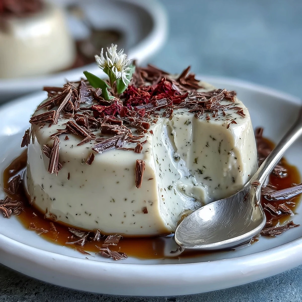 Silky Hojicha Panna Cotta in a glass with a delicate roasted aroma and edible flower garnish.