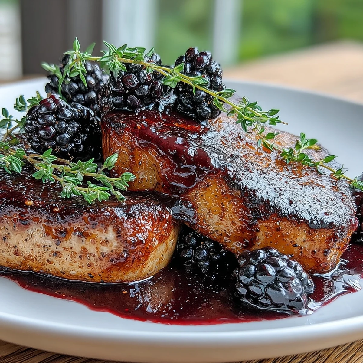 Pan-seared Bourbon Blackberry Pork Chops topped with a glossy glaze and fresh blackberries on a rustic plate.