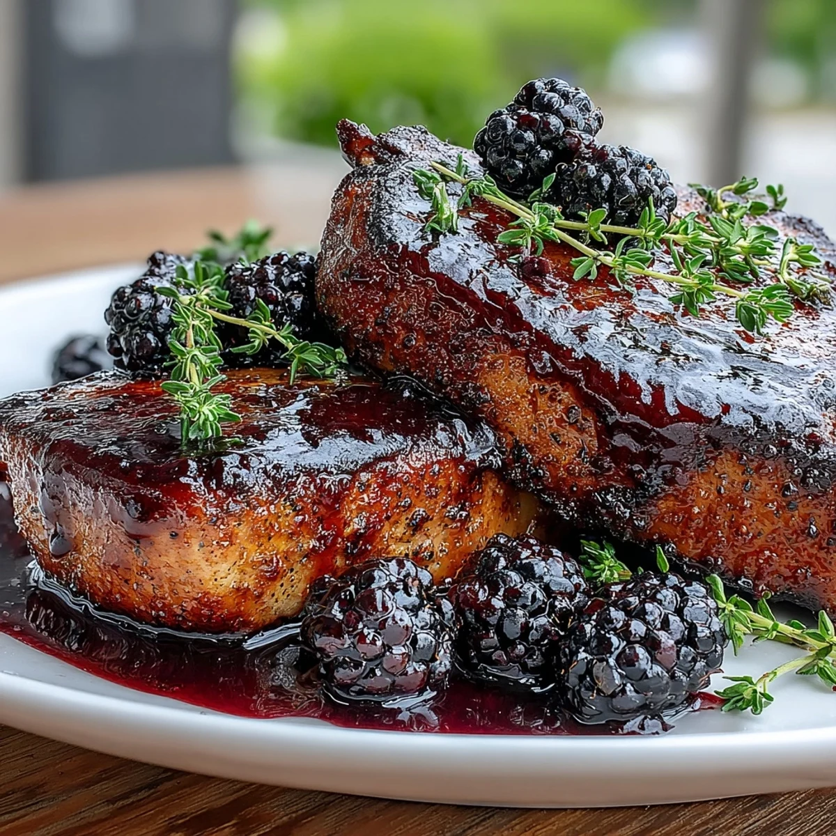 Golden-seared Bourbon Blackberry Pork Chops garnished with thyme, served alongside roasted sweet potatoes.