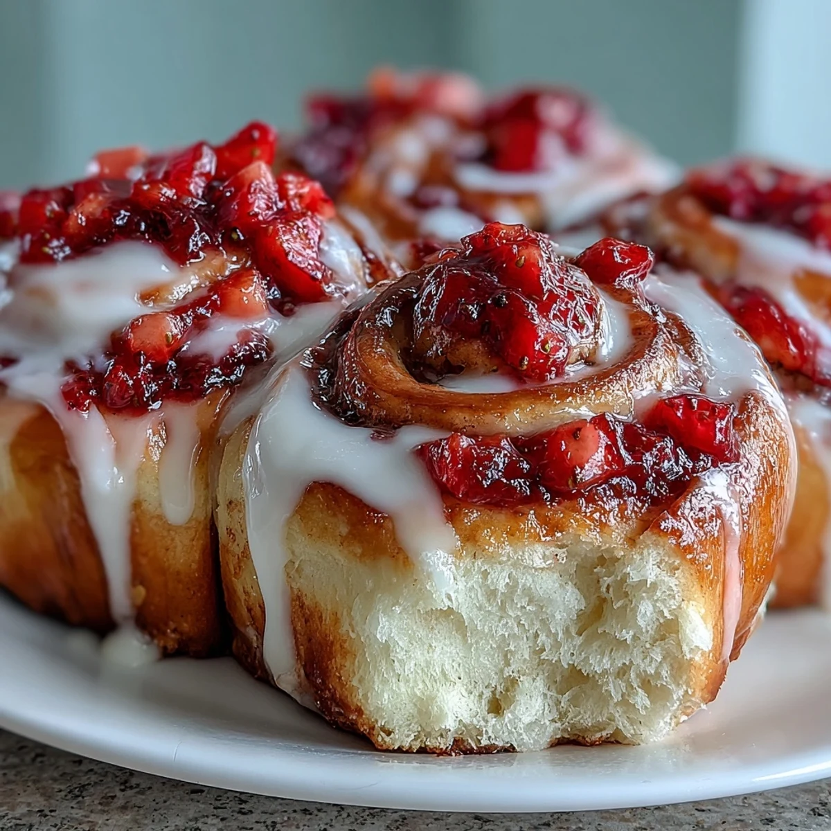 Freshly baked Strawberry Cinnamon Rolls with a warm, gooey pink filling and luscious cream cheese glaze, ready to serve for breakfast.