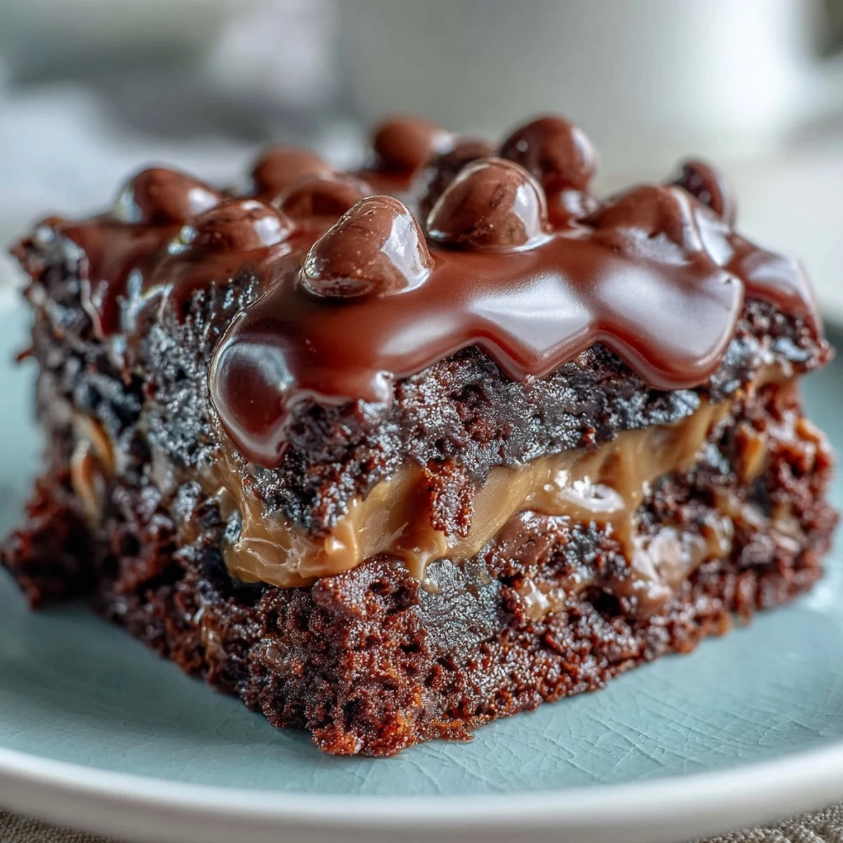 Freshly baked Rich Peanut Butter Cup Dump Cake with gooey peanut butter cups melting over a moist chocolate base.