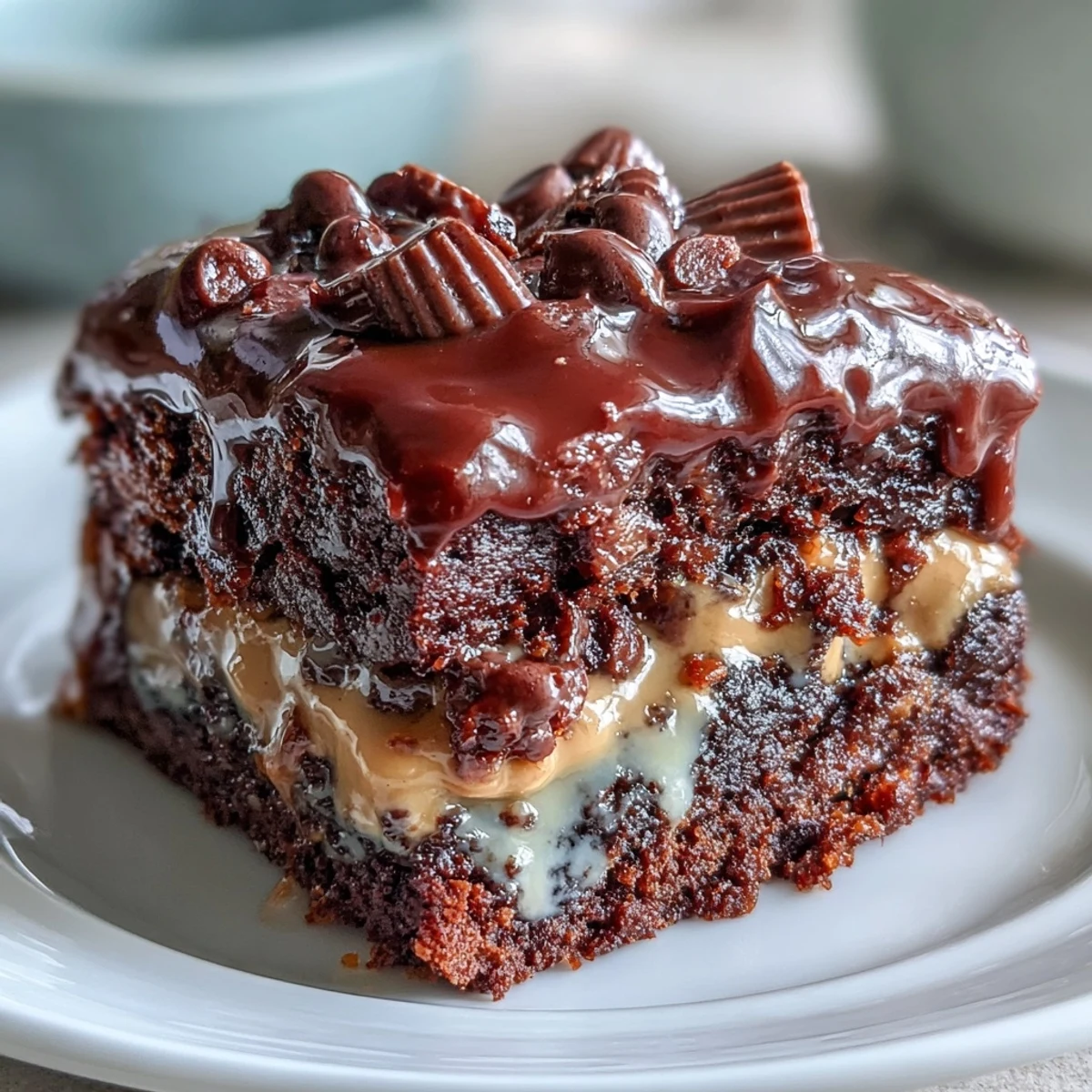 Slice of Rich Peanut Butter Cup Dump Cake served warm with vanilla ice cream and a drizzle of chocolate sauce.