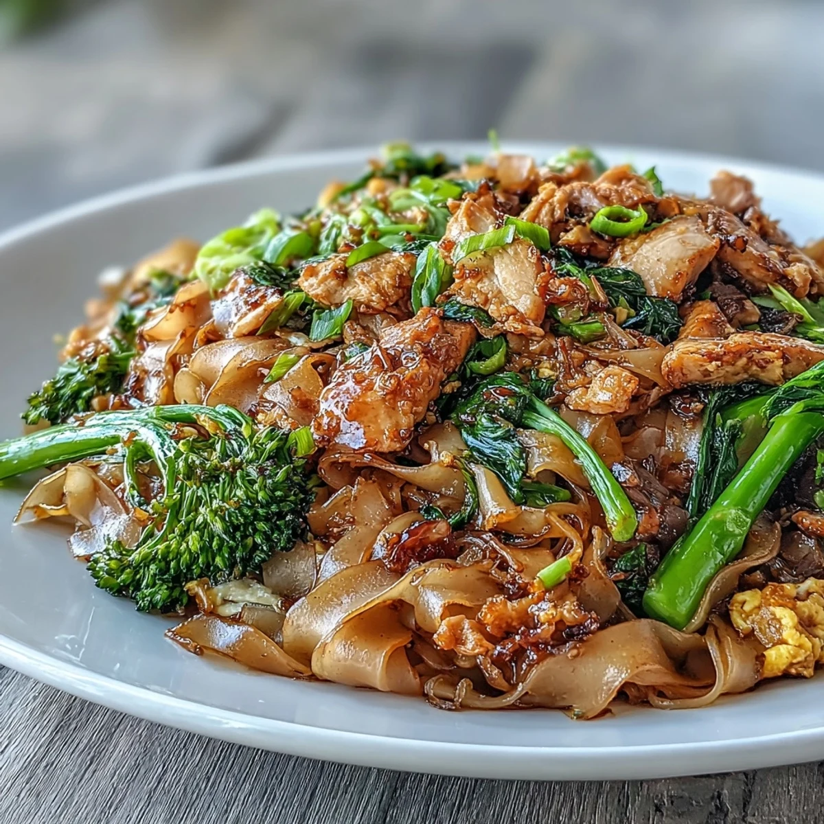 Plate of Authentic Thai Pad See Ew with gai lan and tender chicken