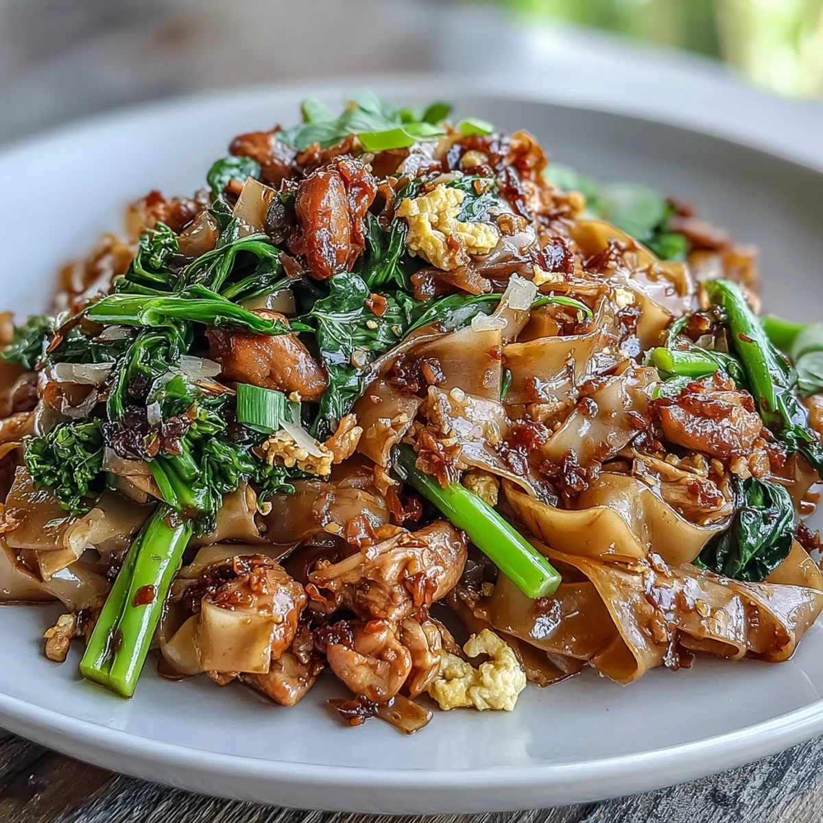 Wok-tossed Authentic Thai Pad See Ew featuring wide rice noodles and caramelized edges