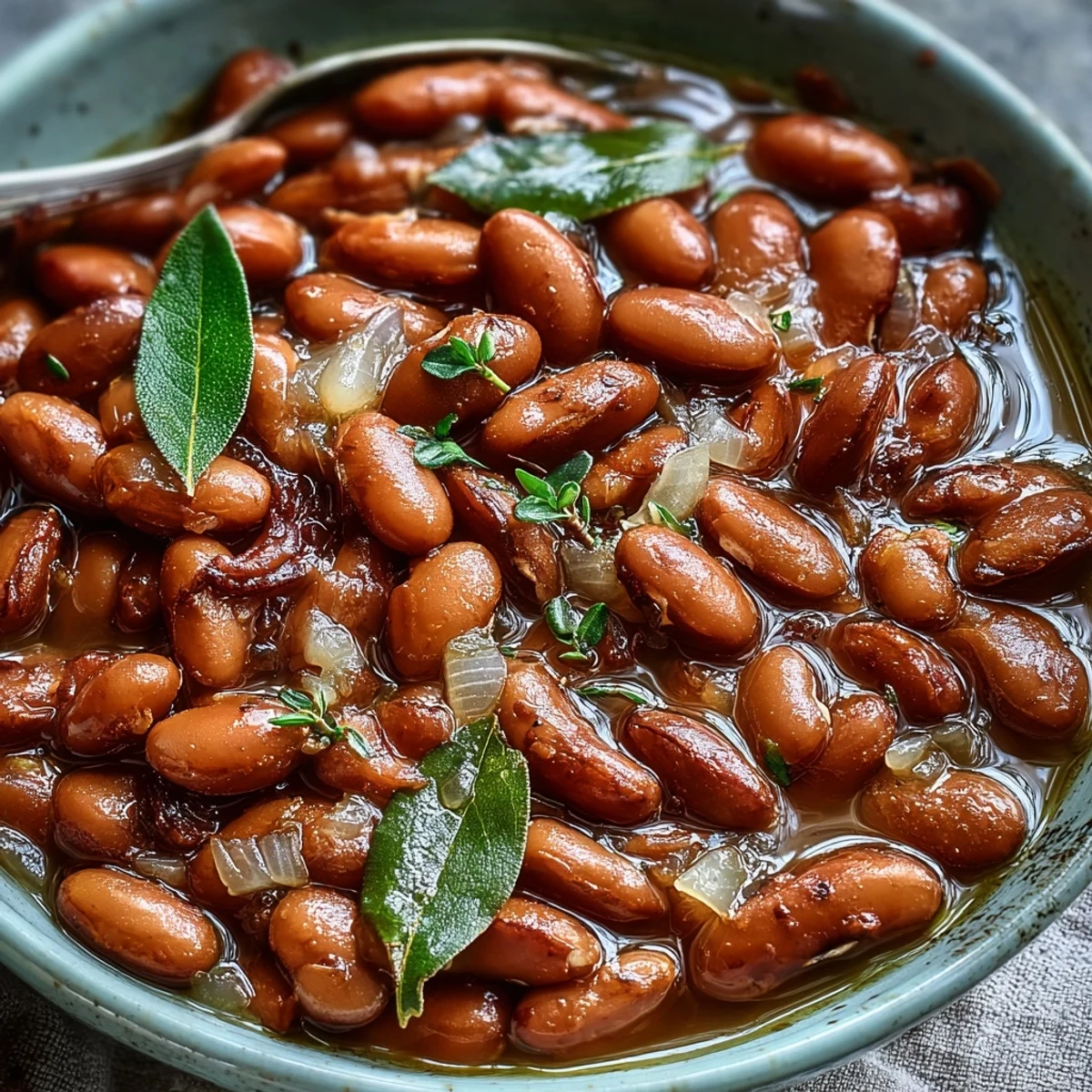 Creamy slow-cooked pinto beans with onions, garlic, and bay leaves served warm as a hearty side dish.
