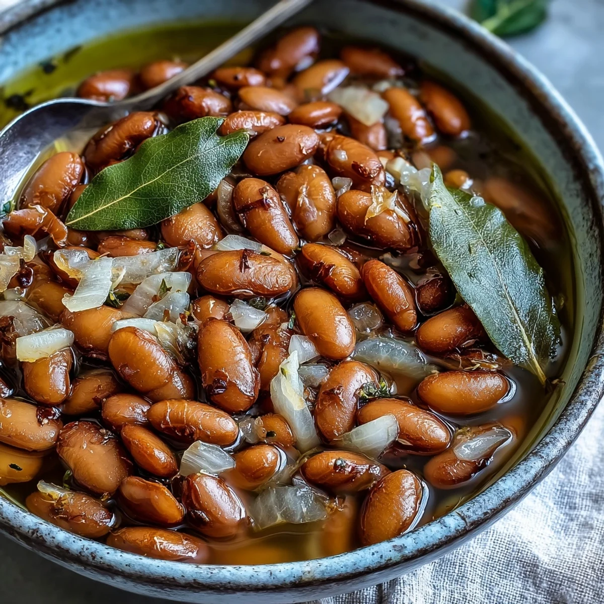 Tender simmered pinto beans in a savory broth, perfect for spooning into tacos or topping nachos.