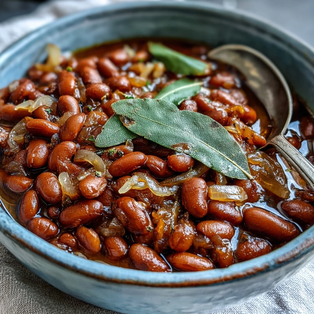 Earthy, creamy pinto beans garnished with diced onion, ideal for a vegan chili base or side.