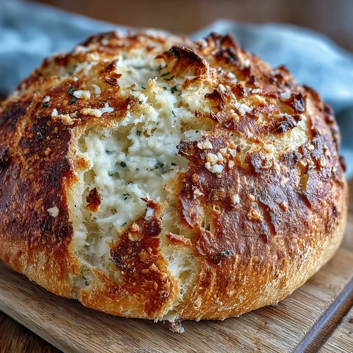 Freshly baked Perfect Parmesan Garlic Artisan Bread with a golden, crackly crust and melted cheese on top.