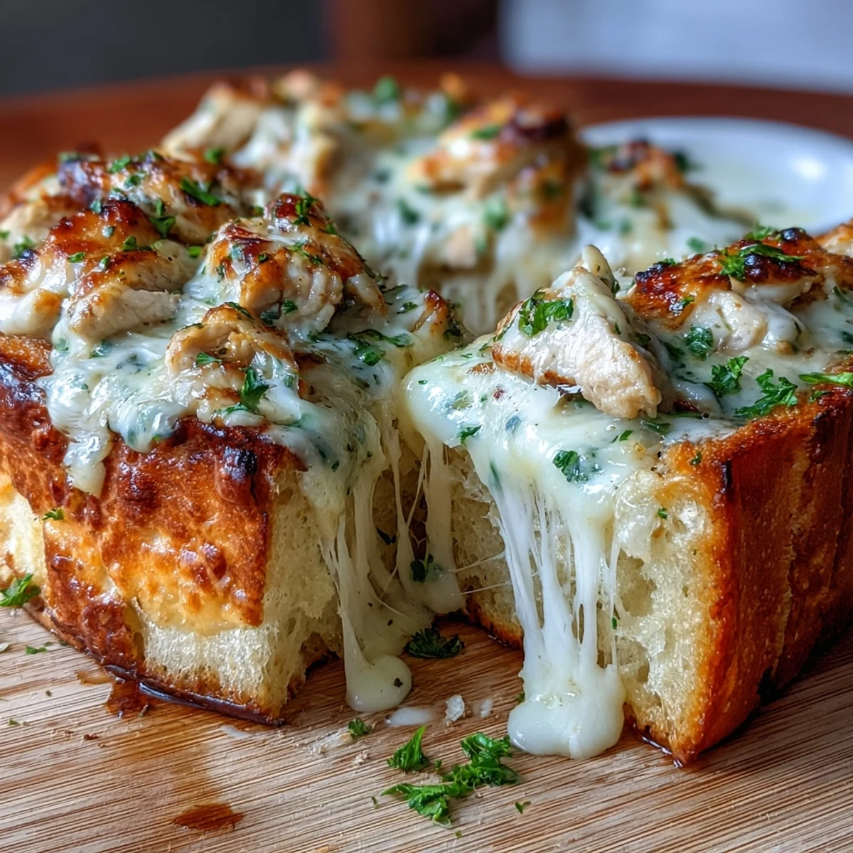Melted mozzarella and white cheddar blanket the warm Chicken Alfredo Garlic Bread, with a bowl of extra Alfredo sauce nearby.