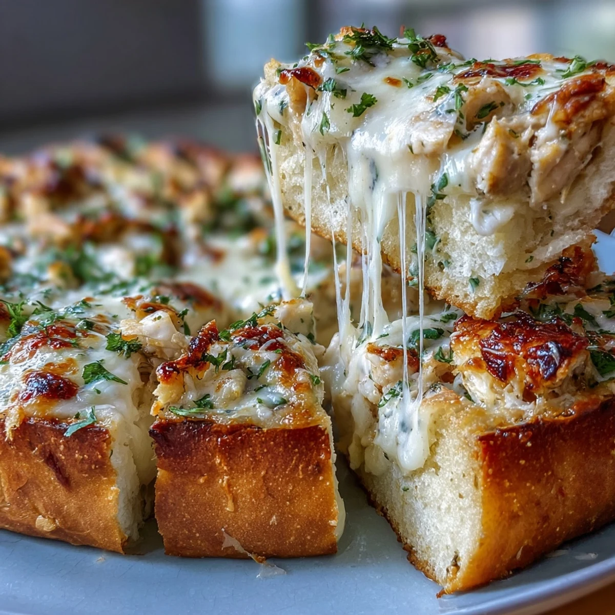 Sliced pieces of Chicken Alfredo Garlic Bread are arranged on a wooden board, garnished with fresh parsley and ready to serve.