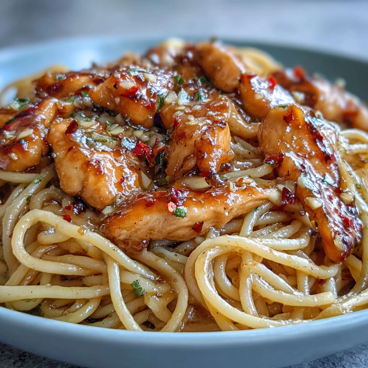 Sticky Honey Garlic Chicken Pasta served in a skillet with tender chicken slices and parsley garnish, steam rising.