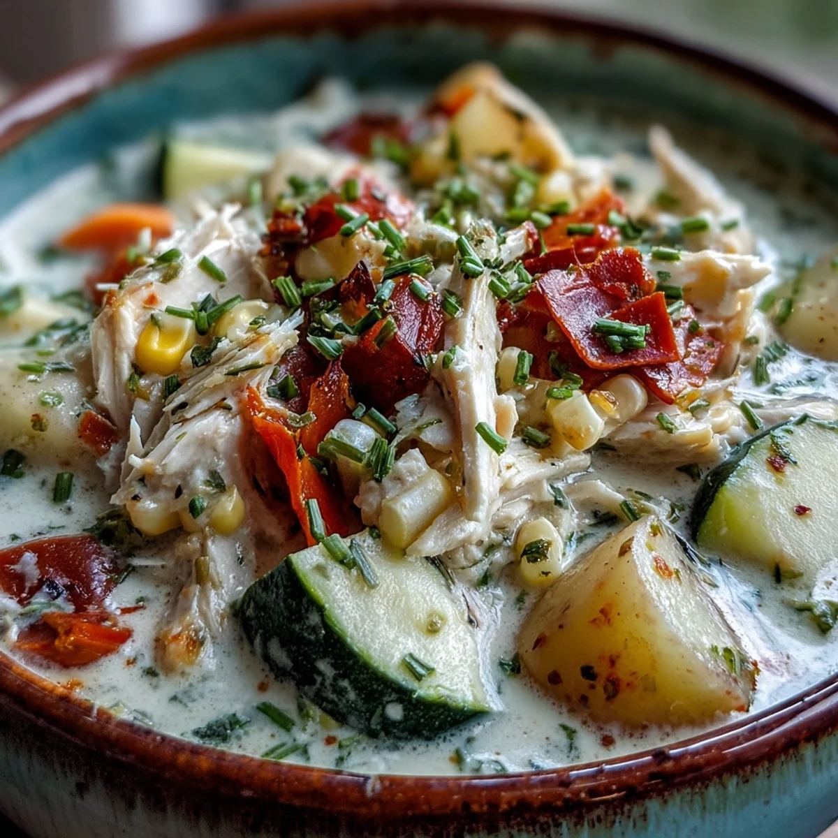 Close-up of chunky ranch chicken veggie soup garnished with herbs, showing tender veggies and shredded chicken in rich broth.
