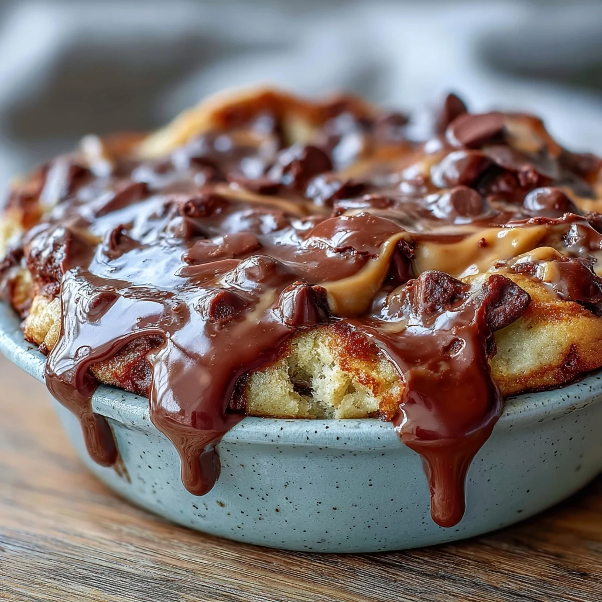 Golden-baked Peanut Butter Cup Protein Pancake Bowl with a gooey chocolate center and a creamy peanut butter drizzle.