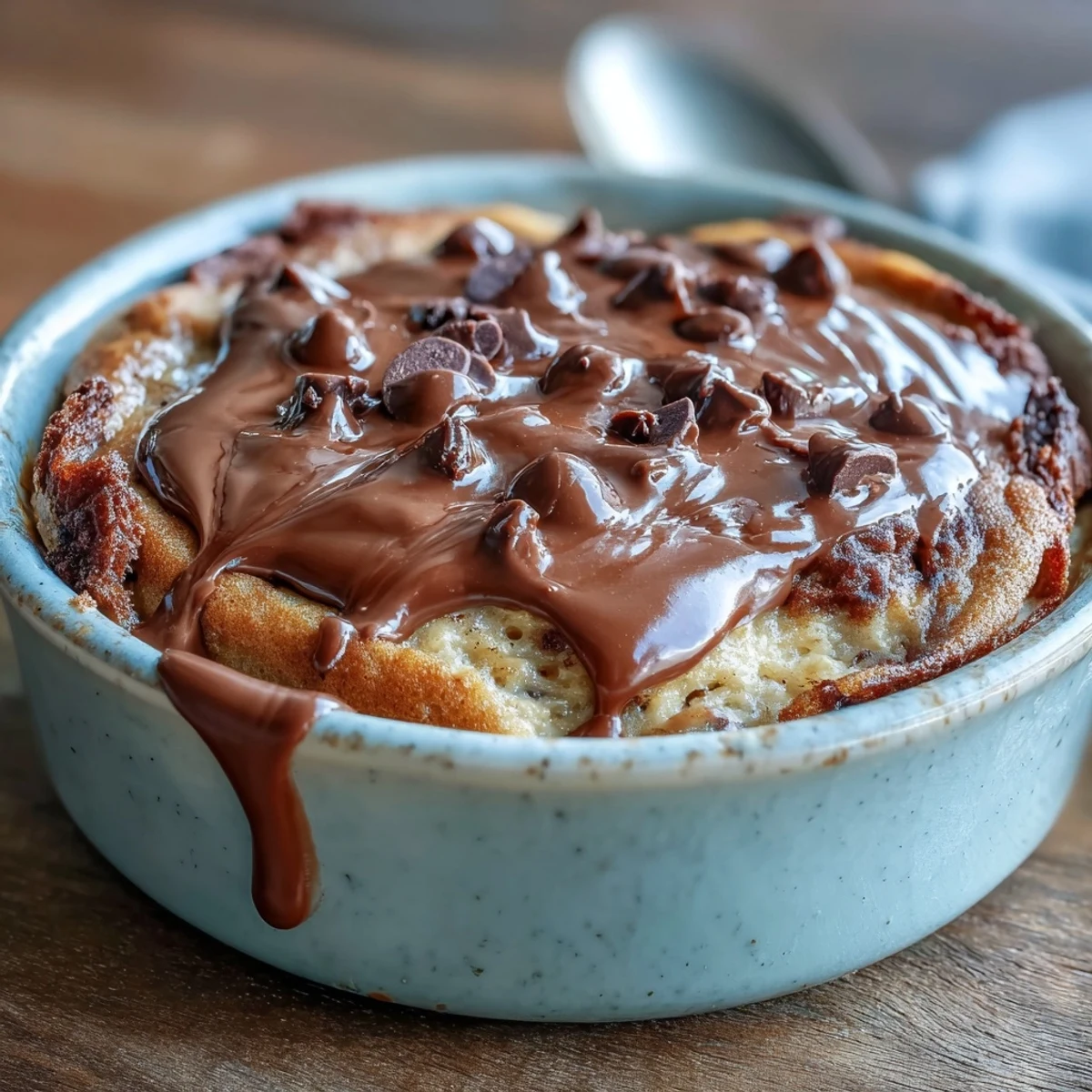 Two ramekins of warm Peanut Butter Cup Protein Pancake Bowl, topped with chocolate chips and sliced banana.