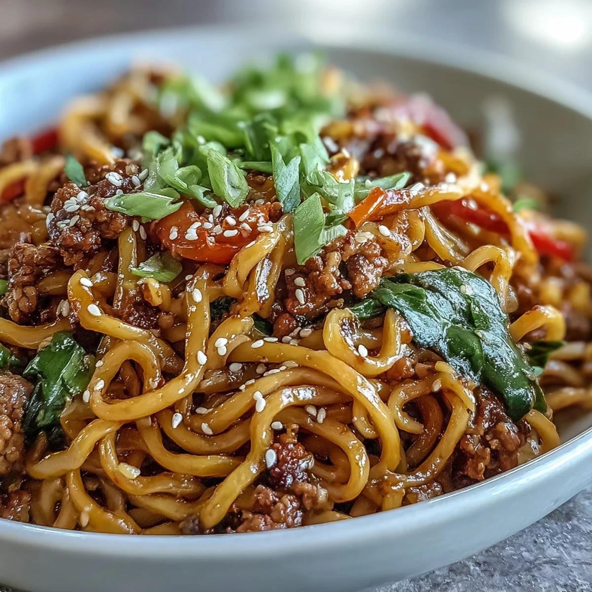 Steaming Korean Turkey Fried Noodles tossed with ground turkey, bell peppers, and spring onions.