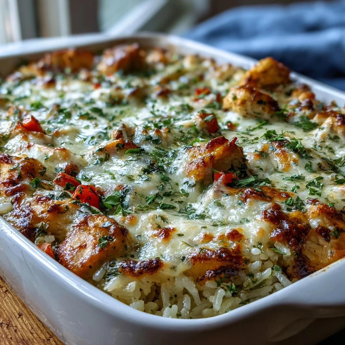 Fork-ready scoop of Creamy Garlic Chicken & Rice Casserole reveals tender chicken, fluffy rice, and creamy garlic sauce.