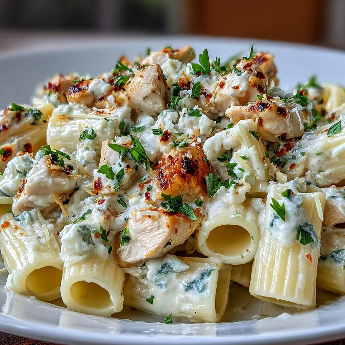 Close-up of Creamy Lemon Feta Chicken Pasta showcasing golden chicken pieces and a silky lemon cream sauce coating every noodle.