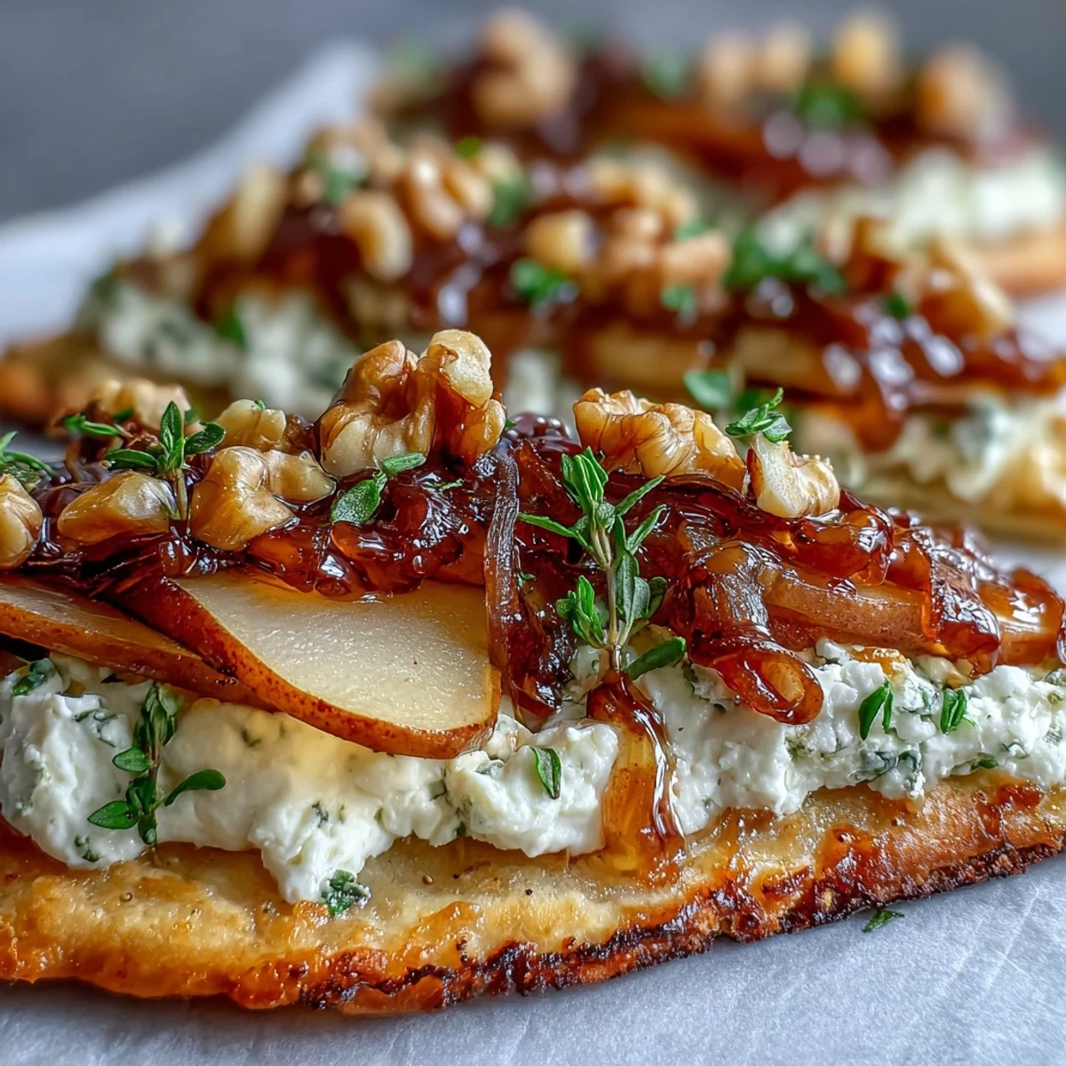 Slice of Goat Cheese & Pear Flatbread showing creamy cheese and ripe pear, served warm on a rustic wooden board.