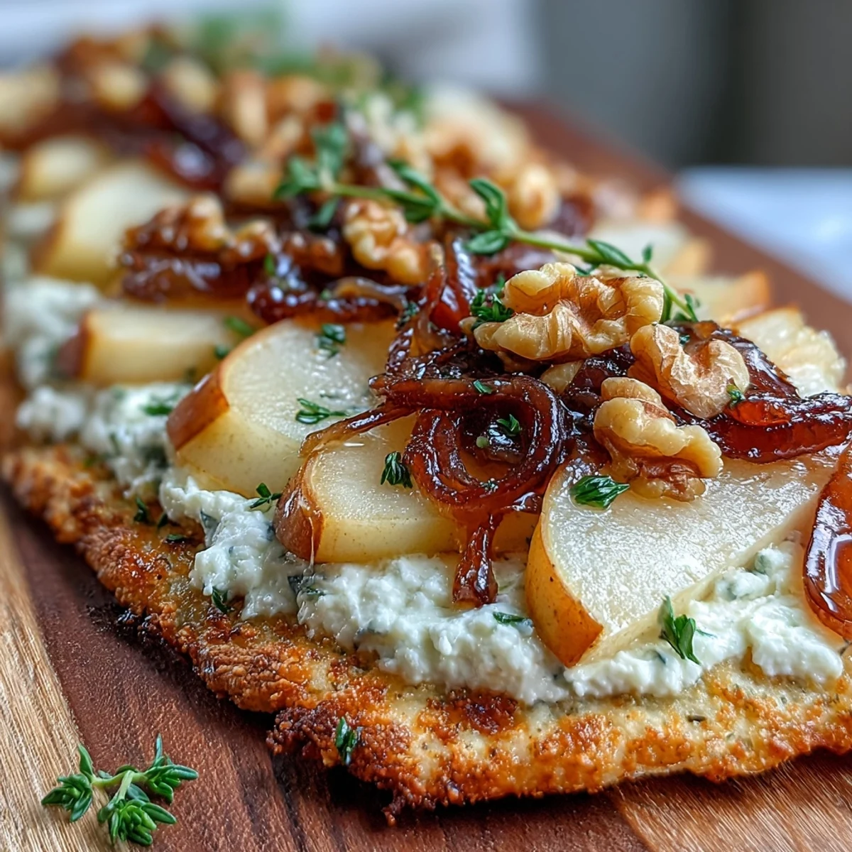 Drizzling hot honey over a crisp Goat Cheese & Pear Flatbread topped with melting cheese, sliced pears, and walnuts.