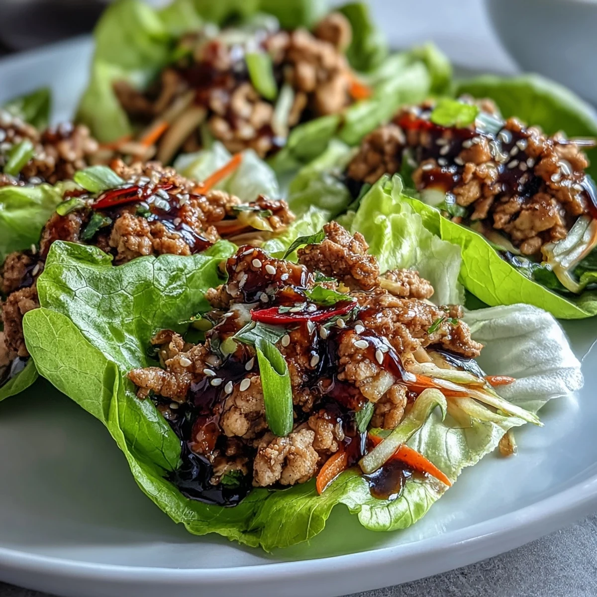 Golden-brown turkey stir-fry with carrots and cabbage, spooned into butter lettuce cups and topped with sesame seeds for Turkey Potsticker Stir-Fry Lettuce Wraps.