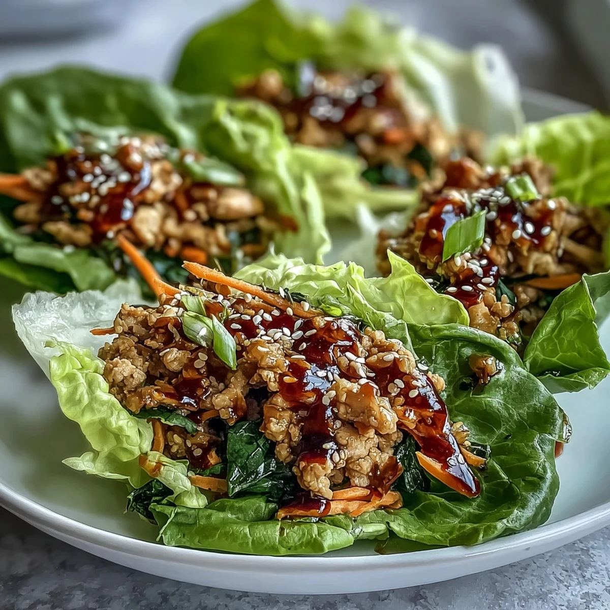 Fork-ready Turkey Potsticker Stir-Fry Lettuce Wraps filled with savory turkey, crisp veggies, and ginger-soy sauce, nestled in cool lettuce leaves with scallions.
