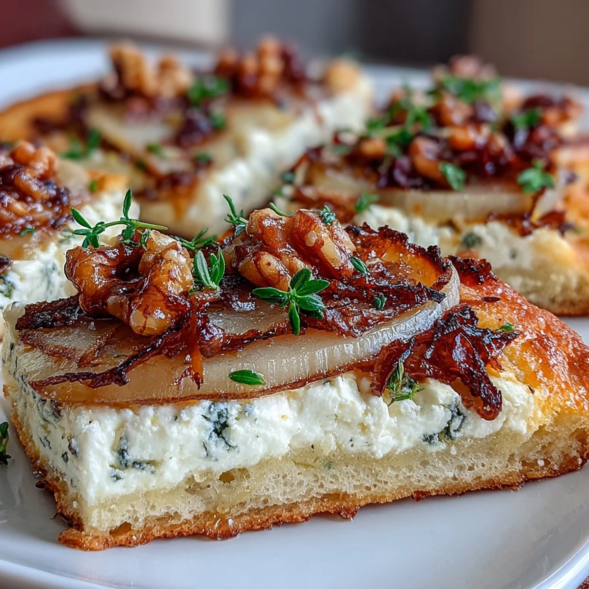 Golden-brown Goat Cheese & Pear Flatbread with Hot Honey shows caramelized onions and chopped walnuts on a rustic wooden board.