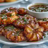 Golden dandelion fritters with crispy coating served alongside a vibrant herb dipping sauce. A light and flavorful appetizer perfect for spring gatherings.