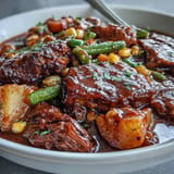 Rich and savory Kentucky Derby Burgoo Stew featuring slow-cooked meats, okra, and colorful bell peppers, perfect for festive gatherings.  