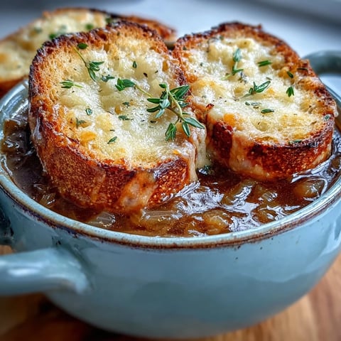 A bowl of Dutch Oven French Onion Soup with melted Gruyère bubbling over toasted baguette.