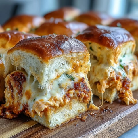Freshly baked Pizza Dip Sliders with melted mozzarella and cheddar cheese bubbling on golden Hawaiian rolls, ready for game day snacking.  