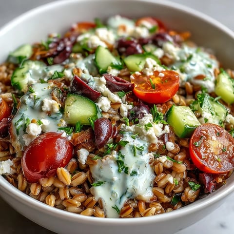 A vibrant Mediterranean Farro Bowl with creamy tahini dressing, topped with feta and fresh parsley. 