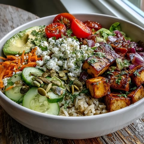Vibrant Simple Grain Bowl with brown rice, chickpeas, cherry tomatoes, cucumber, and avocado, drizzled with lemon dressing.