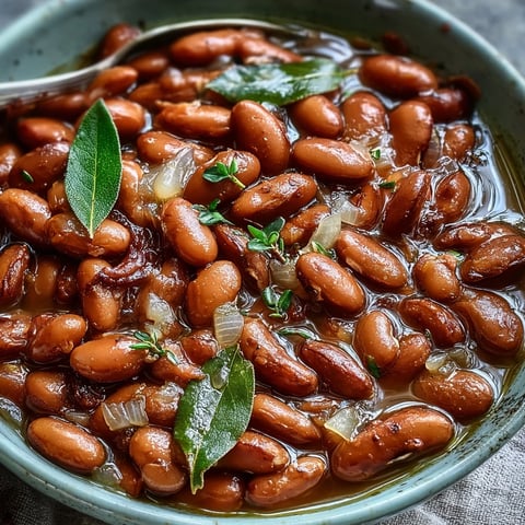 Creamy slow-cooked pinto beans with onions, garlic, and bay leaves served warm as a hearty side dish.