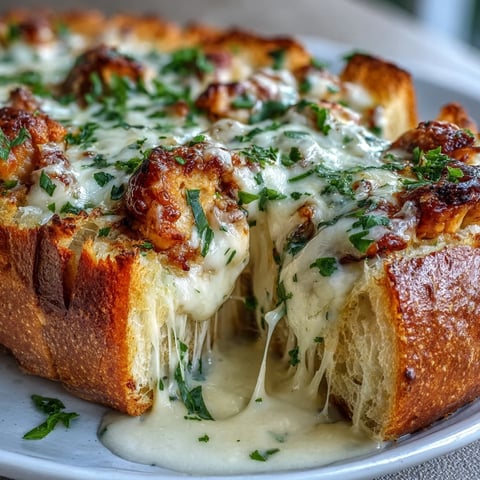 Golden-brown toasted Italian bread halves are topped with tender, seasoned chicken pieces for this Chicken Alfredo Garlic Bread.