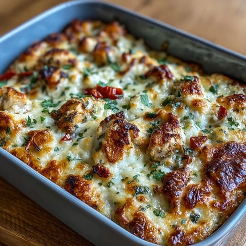Golden-brown Creamy Garlic Chicken & Rice Casserole with melted mozzarella and Parmesan, served hot from the oven.