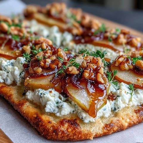 Golden Goat Cheese & Pear Flatbread fresh from the oven, topped with caramelized onions and fresh thyme leaves.