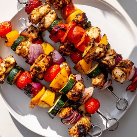 Colorful chicken and veggie skewers, featuring juicy chicken and bell peppers, ready for grilling and serving.