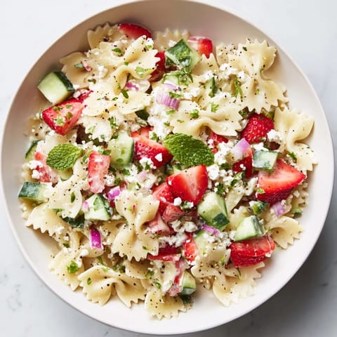 Cool, refreshing Strawberry Feta Pasta salad, featuring a sweet, tangy yogurt dressing, perfect for a picnic.