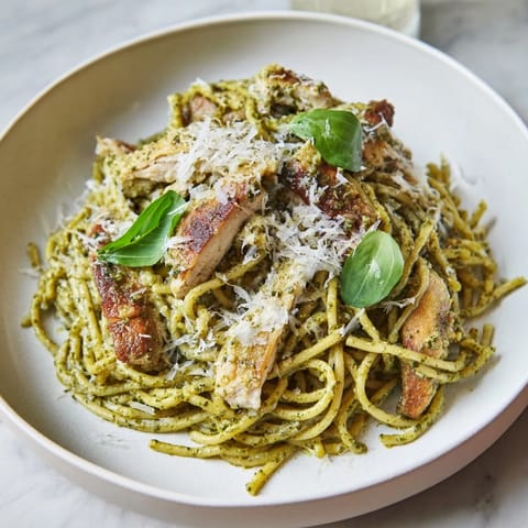 This delicious Pesto Egg and Chicken Pasta features perfectly cooked pasta with parmesan and basil garnish.
