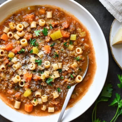 Close-up of a richly flavored ditalini and lentil soup, showcasing the perfectly cooked lentils.