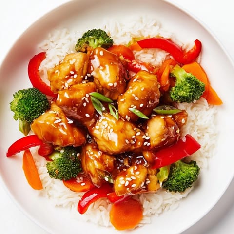 Steaming jasmine rice with glistening teriyaki chicken and colorful bell peppers.