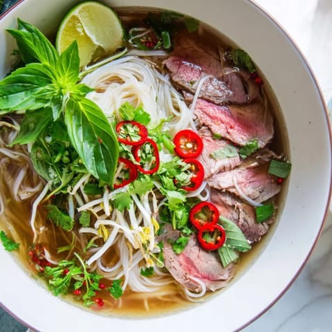 Thinly sliced beef atop rice noodles in this aromatic Vietnamese Pho Express recipe photo.