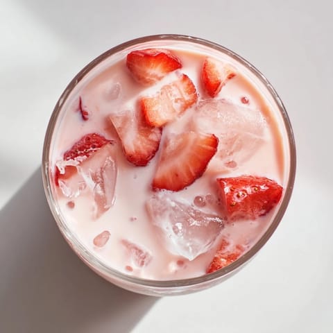 A refreshing Refresher Copycat Pink Drink in a tall glass, featuring creamy coconut milk, vibrant strawberry syrup, and fresh fruit slices over ice.