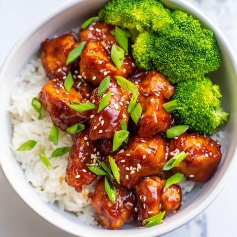 Glossy reddish-orange sauce coats tender chicken chunks sitting atop a bed of steamed white rice.