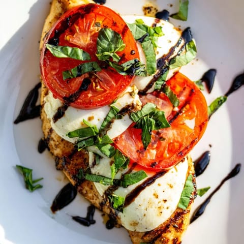 Sizzling Caprese Chicken Skillet in a pan, topped with balsamic glaze and served over zucchini noodles.