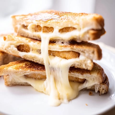 A close-up of crispy Mozzarella Stick Grilled Cheese, with golden sourdough and gooey mozzarella sticks inside.